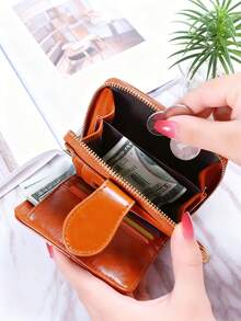 Short Portable Tri-Fold Wallet, PU Women's Multi-Functional Wallet Zipper Large Capacity Coin Purse, Document Storage Bag Women's Oil Wax Leather Retro Coin Purse Simple Buckle Coin Bag Girls' Small Wallet - White - View 3