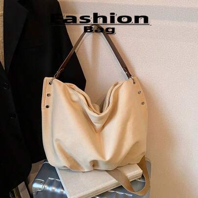 Borsa a tracolla in tela vintage con rivetti, colore unito, con cinghia regolabile per pendolarismo e scuola, borsa a spalla/a tracolla per donna