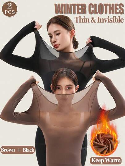 2 piezas Tops negros sin costuras para mujer, ropa interior cálida de unicolor ultradelgada, capa base de cuello redondo de manga larga cómoda y sin costuras, capa base ajustada de alta elasticidad en beige, tops transparentes, unicolor ligero y cálido casual, adecuado para otoño/invierno, capa base básica delgada, uso diario de moda, ropa interior y ropa de dormir