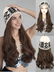 1pc Women's Winter Long Curly Wig Hat, Heat Resistant Synthetic Wig With Diamond-Shaped Cap - Korean Natural Full Head Coverage Lightweight Warm Winter Hat Wig - Multicolor - View 2