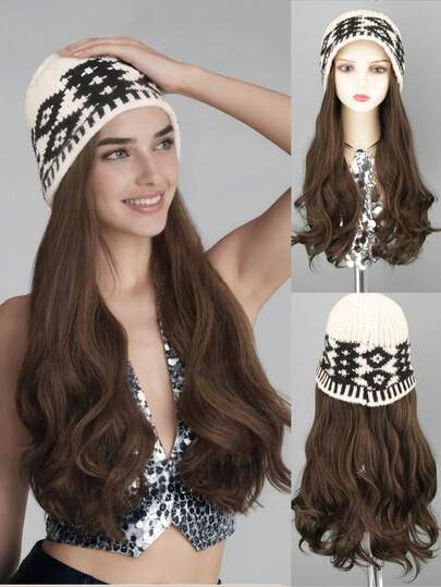 1pc Women's Winter Long Curly Wig Hat, Heat Resistant Synthetic Wig With Diamond-Shaped Cap - Korean Natural Full Head Coverage Lightweight Warm Winter Hat Wig