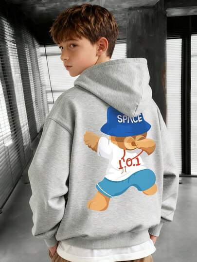 1件装男童休闲印花套头卫衣，保暖内衬，长袖，秋冬季