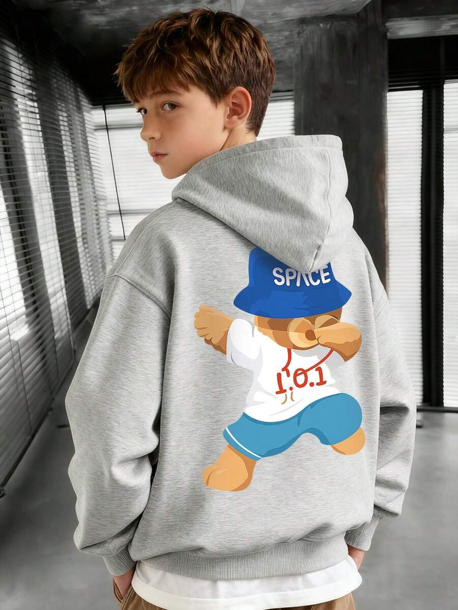 1件装男童休闲印花套头卫衣，保暖内衬，长袖，秋冬季 - 淺灰色 - 查看 1