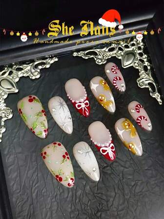 Christmas Nails DIY 10pcs Almond Medium Long Handmade Acrylic Press On Nails Nail Supplies Glitter White Nails Gold Nails Red Nails Green Nails French Tip Pink Nails Christmas Style Paired With Gold Hand-Painted 3D Ladybug Snowflake Patterns, Gold Metal Nail Surface Paired With Metal Beads, Diamonds, 3D Bows, And Pearl Decorations Suitable For Chiristmas Parties Wear With Free Gel Sticker Nail File.