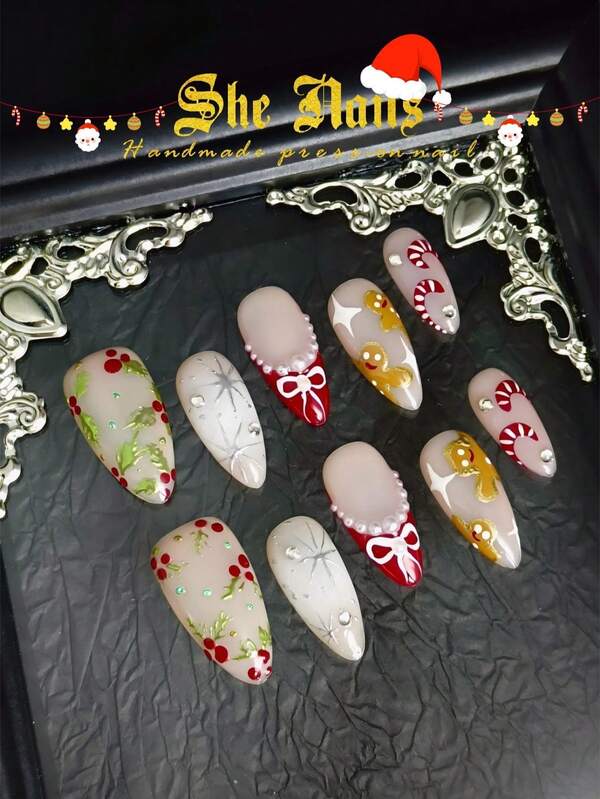 Christmas Nails DIY 10pcs Almond Medium Long Handmade Acrylic Press On Nails Nail Supplies Glitter White Nails Gold Nails Red Nails Green Nails French Tip Pink Nails Christmas Style Paired With Gold Hand-Painted 3D Ladybug Snowflake Patterns, Gold Metal Nail Surface Paired With Metal Beads, Diamonds, 3D Bows, And Pearl Decorations Suitable For Chiristmas Parties Wear With Free Gel Sticker Nail File.
