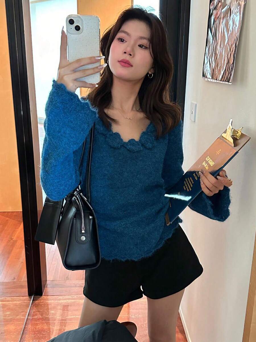 Pull tricoté à manches évasées de couleur unie élégante - Bleu azur - Voir 1