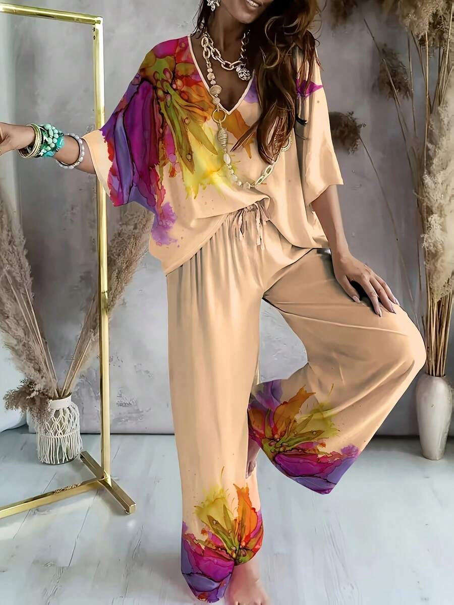 2026 European And American Style Comfortable Heart Neckline Loose Casual Printed 2-Piece Women Suit - Apricot - View 1