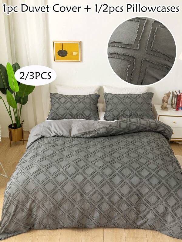 Juego de ropa de cama de 2/3 piezas con estampado de argyle gris, con textura acolchada de poliéster, estilo bohemio y shabby chic, para uso en todas las estaciones, tamaño queen o king, suave, transpirable y lavable a máquina (1 funda nórdica + 1/2 fundas de almohada, sin relleno)