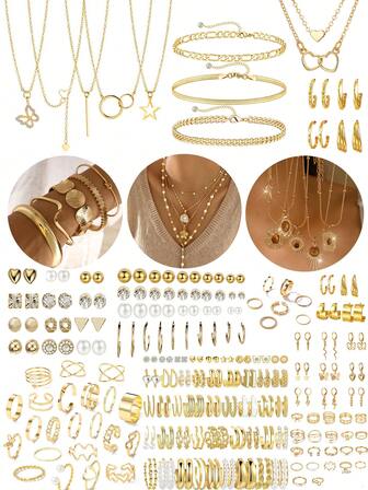 37-68件套优雅复古蝴蝶、心形、仿珍珠、扭结、星星、月亮、水钻、宽链、蛇形链、编织链、几何C形耳环、项链、戒指、手链首饰套装，适合节日、派对、日常佩戴、节日礼物