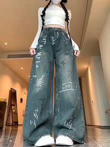 涂鸦风破洞阔腿牛仔裤（女士款，随机图案印花） - 藍色 - 查看 3