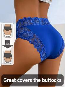 1件装女士纯色高弹力蕾丝边性感舒适日常三角内裤 - 藍色 - 查看 4