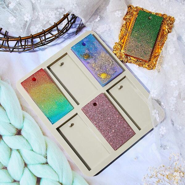 1 pieza Molde de silicona de 6 cavidades para jabones y ceras, molde rectangular de resina para llaveros de resina epoxi y joyería, con agujeros para colgar para hacer colgantes, collares, llaveros y manualidades hechas a mano