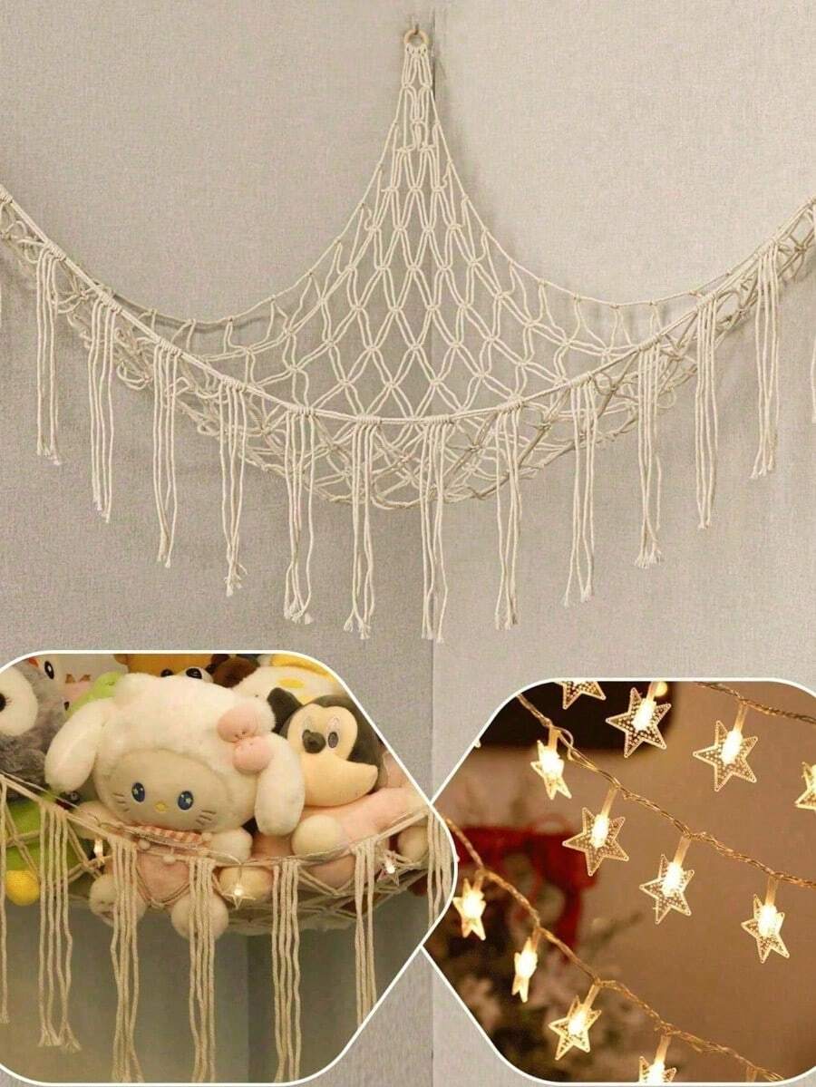 Toy Storage Hammock Net, Bohemian Style Corner Hanging Net Rack With Hooks, Plush Toy Corner Decoration Hammock Net - Hanging Plush Toy Storage Rack, Large Room Decoration, Thanksgiving Decoration, Home, Life, Home Decoration, Hanging Display Rack - Multicolor - View 1