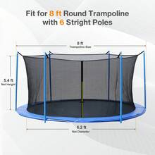 Trampoline Replacement Net For 12FT/15FT 8/6 Straight Poles Round Frame Trampolines, Safety Enclosure Net With Zipper, Hooks, Pole Cover, Blue - Blue - View 2