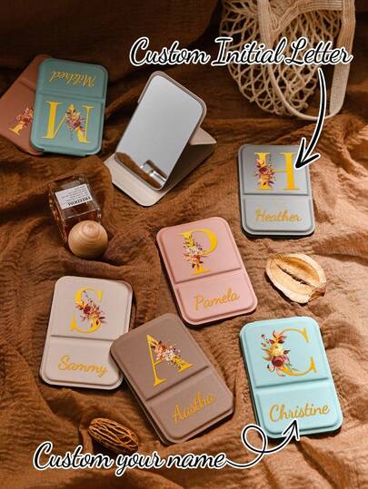 Personalized Name Makeup Mirror Gift, Customized Small Mirror Name, Folding Makeup Mirror, Travel Makeup Mirror, Gift For Her,Portable Floral Letters Makeup Mirror, Personalized Customized Text Foldable Travel Mirror