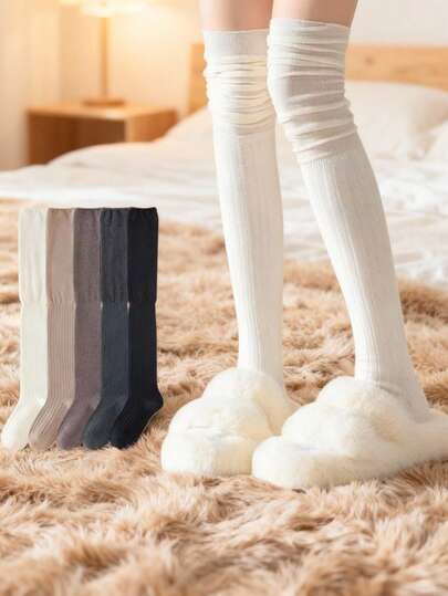 女士过膝袜一双，秋冬季保暖袜，白色/黑色/棕色可选，适合搭配靴子和丝袜，舒适保暖。