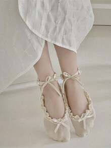 1pair White Ballet Shoes Socks For Women With Lace Tie Short Socks,Japanese Style, Fall - White - View 8