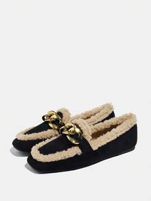 Giày lười nữ cổ điển, mũi vuông màu đen, thiết kế khoen kim loại, giày lười đa năng mới, thoải mái và ấm áp cho mùa đông - màu đen - Xem 18