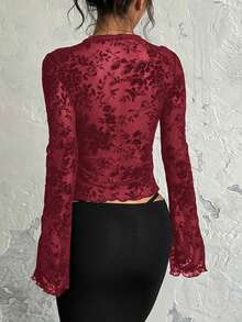 女式前系带长袖蕾丝花边休闲衬衫，适合日常穿着 - 酒紅色 - 查看 2