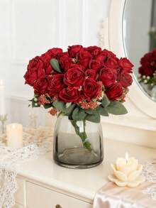 1/80 pièces Bouquet de roses en soie avec fruits en mousse artificielle, convient pour la décoration d'automne, le bouquet de mariée de la Saint-Valentin, le vase de mariage, la maison, le restaurant, la décoration de chambre, les fêtes, les anniversaires, la décoration de jardin extérieur - Rouge - Voir 10