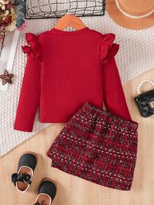 2pcs/Set, Ruffle Trim Long Sleeve Top + Tweed Knit Skirt - Spring/Autumn Outfit, Girls Set, Gift, Teen Clothing - Red - View 10