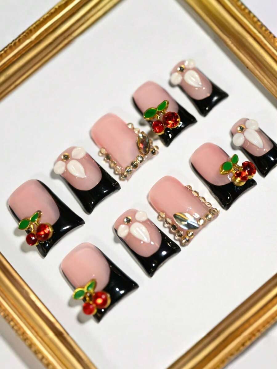 Handmade Short Duckbill Press On Nails, Black, Blush With Cherries, Rhinestones, Chain Details, Ideal For Casual Chic, Fun Outings Summer Easter - 彩色 - 查看 1
