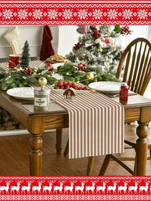 1 件圣诞装饰桌旗，条纹长方形桌布，多种尺寸可选，适用于家庭用餐、圣诞厨房装饰、家居装饰、户外派对和餐厅，是户外餐桌布置的完美礼物，亚麻质感 - 摩卡慕斯色 - 查看 2