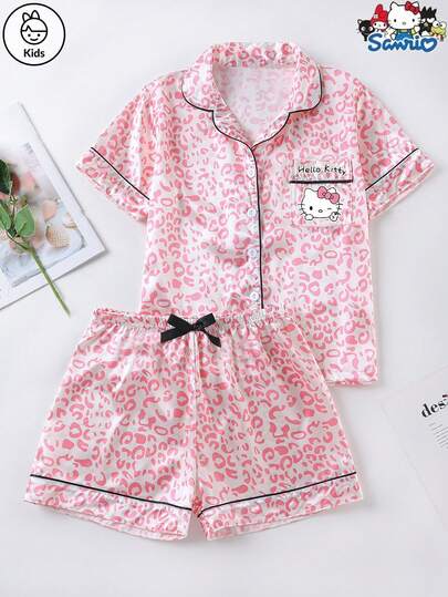 Sanrio Conjunto de pijama de 2 piezas con camisa de manga corta y pantalones cortos cómodos, con estampado de gatito y leopardo en satén charmeuse, y cárdigan con cuello polo y bolsillos para niñas preadolescentes de Sanrio