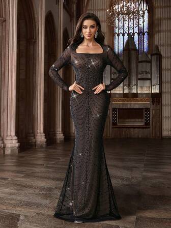 Klassisk stil svart strass heta borrpärlor fyrkantig halsringning smal långärmad klänning