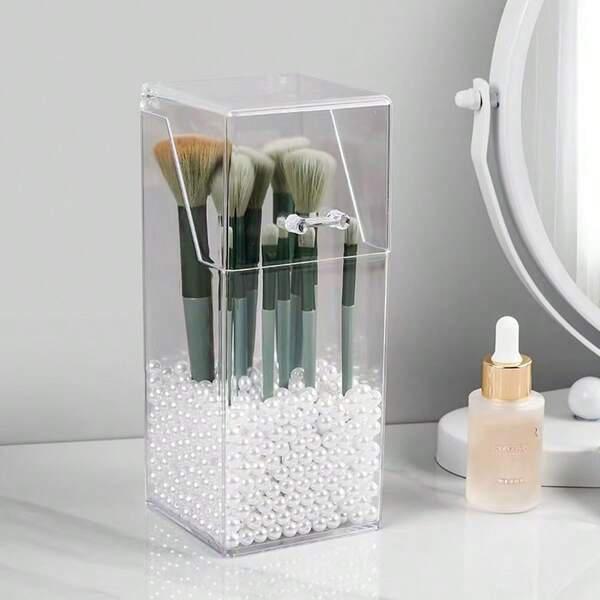 1 pieza Soporte para brochas de maquillaje con tapa - Organizador de escritorio a prueba de polvo para cosméticos, estuche de almacenamiento de accesorios de baño, caja de almacenamiento