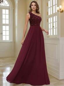 HOMEYEE 女士亮片网纱拼接性感开衩休闲度假优雅晚礼服，长款紧身派对礼服，适合春季婚礼穿着 - 酒紅色 - 查看 1