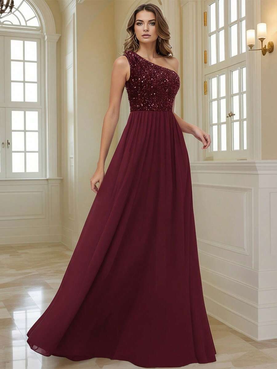 HOMEYEE 女士亮片网纱拼接性感开衩休闲度假优雅晚礼服，长款紧身派对礼服，适合春季婚礼穿着 - 酒紅色 - 查看 1