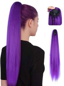 32英寸长马尾假发，长直马尾夹式爪形假发，自然逼真合成假发，女士深紫色耐热纤维夹式马尾假发 - 紫色 - 查看 10