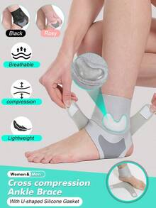 1 Pc- Adjustable Ankle Brace For Women & Men, With U-Shaped Silicone Ankle Pad-2 Hook And Loop Fasteners- Ankle Compression Brace, Arch Support Brace For Workout, Gym, Sports, Running, Basketball, Volleyball! (Black/ Rosy/ Grey) Gym Accessories - Multicolor - View 3