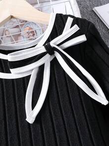 Girls Elegant Bow Collar Long Sleeve Dress, Suitable For Casual Daily Wear, Autumn - Black - View 3