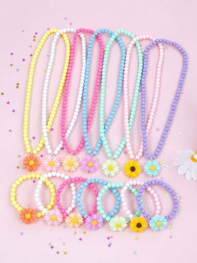 14 piezas Collar con colgante de margarita multicolor, Conjunto de pulsera con cuentas y dijes, Adecuado para fiesta de vacaciones, regalo de cumpleaños, uso diario
