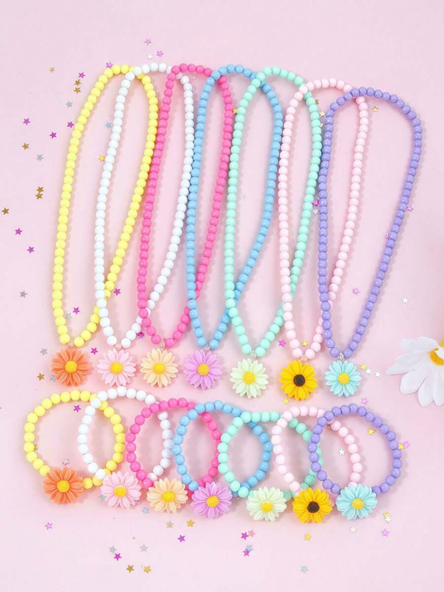 14pcs Multicolor Daisy Pendant Necklace, Charm Beaded Bracelet Set, Suitable For Holiday Party, Birthday Gift, Daily Wear