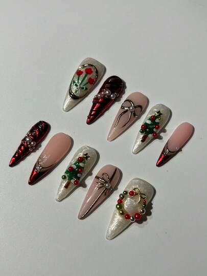 10 Stücke Weihnachts-Aufklebe-Nägel, handgefertigte acrylische lange Stiletto-Form, glänzende rote 3D-Kunstdesigns: Kristall- & Perlen-Kranz-Muster, süßer Weihnachtsbaum, Schleife & rote Tulpe Fake Nägel, wiederverwendbares Winter-Kunstdesign-Nagelset, sanft und elegant, geeignet für Mädchen und Frauen für den Alltag, Partys, Feste, Nageldekoration, Geschenke für weibliche Freunde