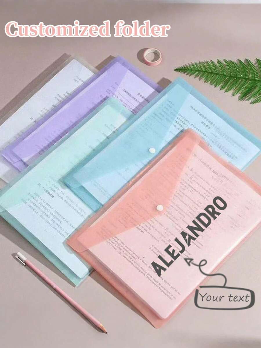 1pc Customized Engraved A4 File Folder, Customized Morandi Color Button Sealed Plastic File Bag - Laser Engraved - Suitable For DIY And A4 Size, Soft Material, Easy To Carry, Large Capacity, Can Hold Documents, Papers, Exams, Etc.; Office, Study, Daily Storage All Can Meet The Needs, Multi-Functional Scenarios, Suitable For Students, Business Office, Home, Back To School Season