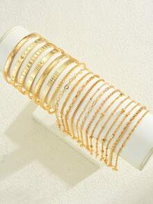 20/13pcs Fashionable, Elegant, Delicate, Retro Geometric, Heart, Round Bead, Star, Embossed, Braided, Square Chain, Braided Chain, Embossed Texture Metal Style Bracelet Set, Suitable For Holiday, Party, Date, Gift, Daily Wear