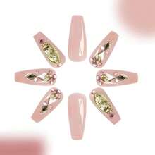 Xl Pink Press On Nails Long Coffin Nails Press Ons Gold Rhinestone Design False Nails Full Cover Arcylic Gel Fake Nails Gift For Women 24pcs{Inchcolor_nameinch:Inchnudepinkballetinch} - 裸粉芭蕾 - 查看 5