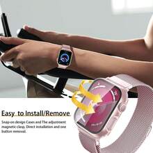 Magnetic Watch Band And Case Suitable For 40mm/41mm/42mm/44mm/45mm/46mm/49mm Watches, Unisex, Stainless Steel Milanese Strap, Full Coverage Protective Case, Compatible With Ultra SE 11/10/9/8/7/6/5/4/3/2/1 Series - Rose Powder - View 3