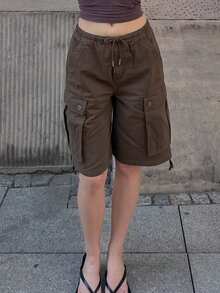 Baggy Cargo Pants For Women High Waist Wide Leg Baggy Shorts Y2K Casual Athletic Lightweight Hiking Capri Shorts With Pockets - màu nâu - Xem 4