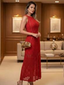 Lace Flared Dress, Beachwear, Elegance. - Đỏ - Xem 2