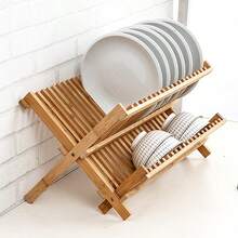 Bamboo Dish Drainer Folding 2Tiers Plate Mug Rack Stand Holder Kitchen Tidy Rack - Brown - View 5