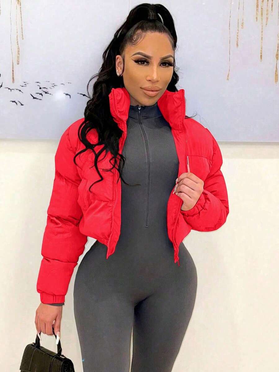 女士欧美风格立领拉链保暖夹克 - 紅色 - 查看 1