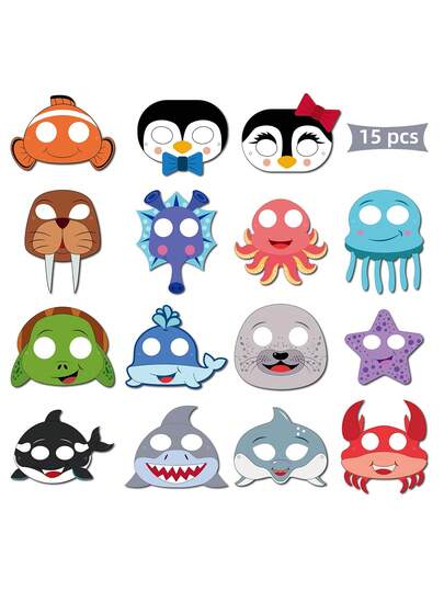 15pcs Ocean Animal Paper Masks, Suitable For Underwater Theme Birthday, Halloween Costume Party Supplies