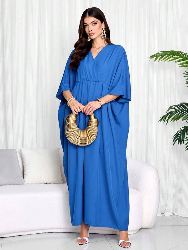 Elegant Blue V Neck Batwing Sleeve Maxi Dress Three Quarter Length Flowy Caftan Look Arabian Split Thigh Dress