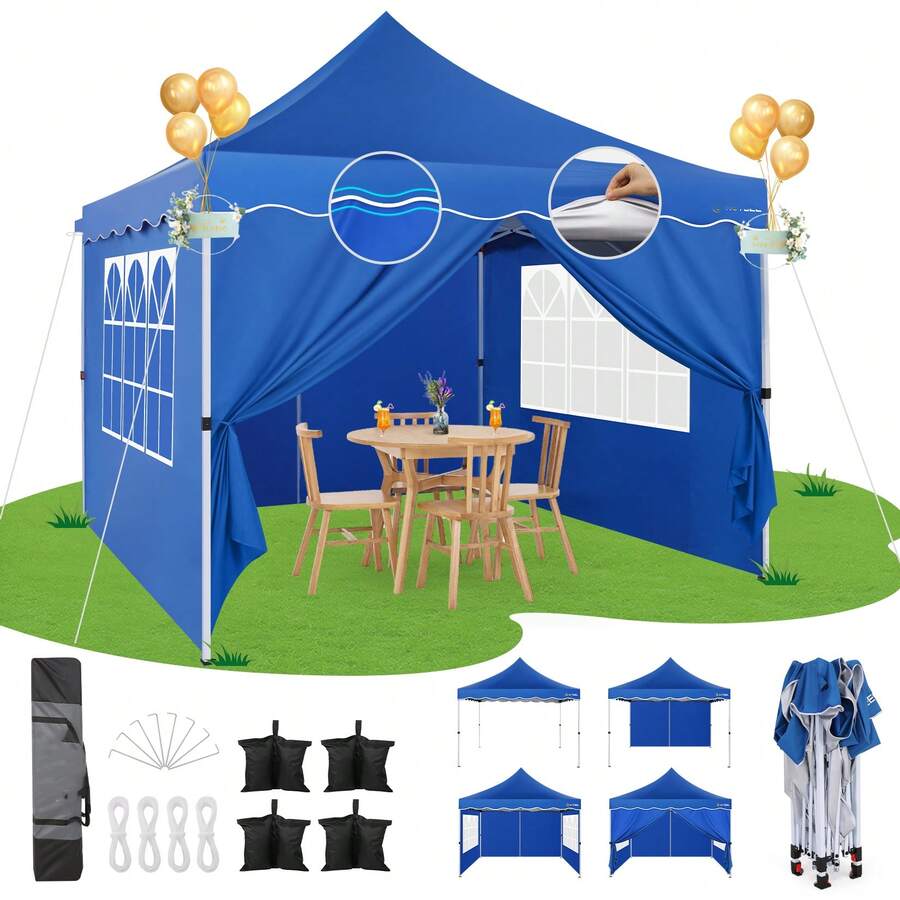 tooluck 10x10ft Pop Up Canopy Tent Heavy Duty Gazebo With 4 Sidewalls Waterproof Party Tent Easy Set-Up Commercial Instant Tents With 4 Sandbags 4 Ropes 4 Stakes & Wavy Edge,Blue - 藍色 - 查看 1