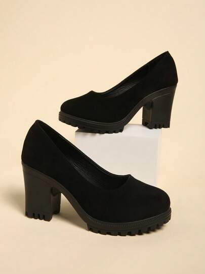 【优雅舒适】女士独特纯色厚底高跟鞋，黑色玛丽珍百搭鞋，深黑色绒面复古风，适合正式场合、派对及日常优雅穿着。